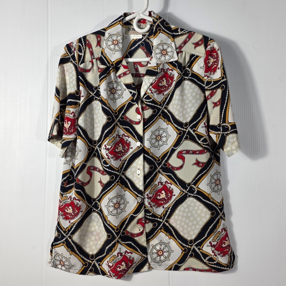 Donnkenny Classics Nautical Chain Print Button Up Blouse Navy Red Gold Small - Picture 3 of 10